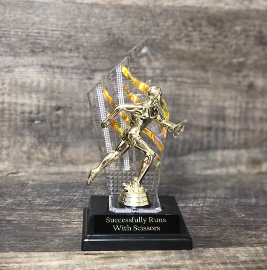 Successfully Runs With Scissors Funny Trophy Gag Gift Runner Jogger Track Birthday Gift Achievement Award Adult Humor Marathon Trophy