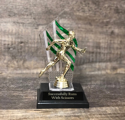 Successfully Runs With Scissors Funny Trophy Gag Gift Runner Jogger Track Birthday Gift Achievement Award Adult Humor Marathon Trophy