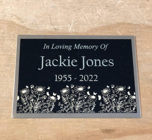 Custom Engraved Name Plate Cremation Urn WILD FLOWERS Memorial Urn Tag Plaque In Loving Memory of Black/Gold Back Engraved Urn Name Plate