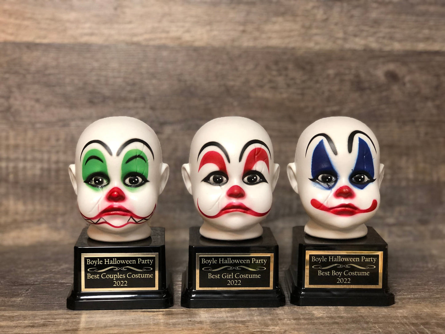 Halloween Trophy Trophies Set of Three Creepy Clown Head Trophies Costume Contest Winner Pumpkin Carving Contest Halloween Trunk or Treat