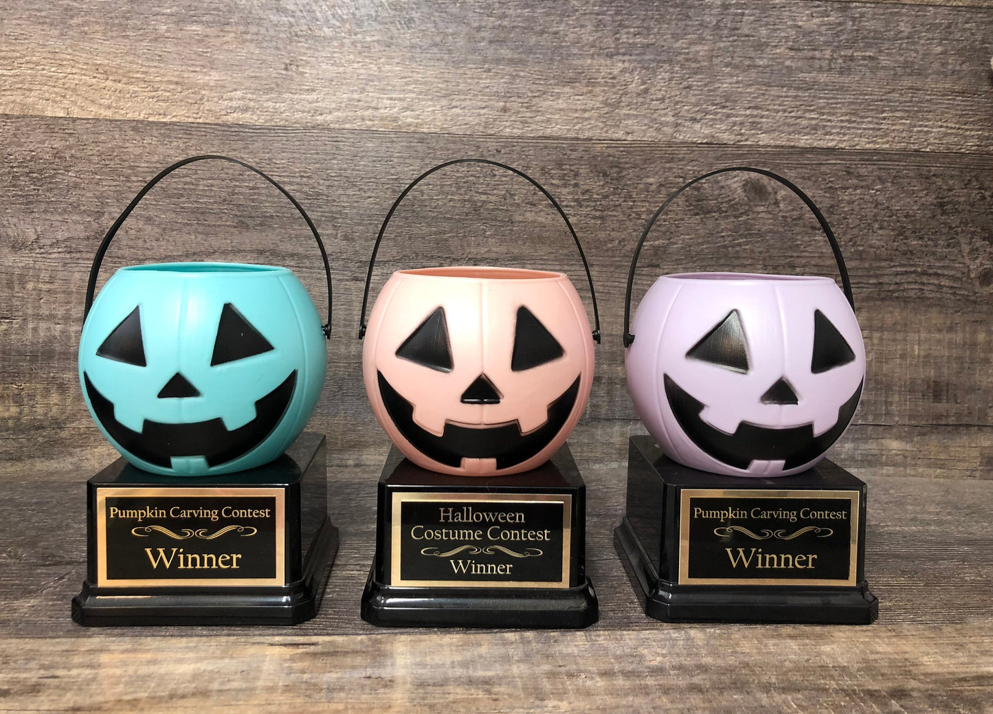 Halloween Trophy Trophies THREE Cute Pastel Pumpkin Carving Contest Trophy Best Costume Jack O Lantern Treat Pails Halloween Pumpkin