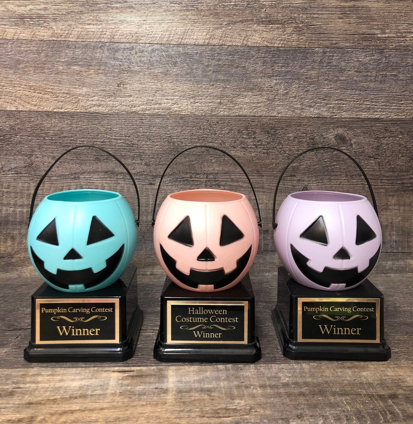 Halloween Trophy Trophies THREE Cute Pastel Pumpkin Carving Contest Trophy Best Costume Jack O Lantern Treat Pails Halloween Pumpkin