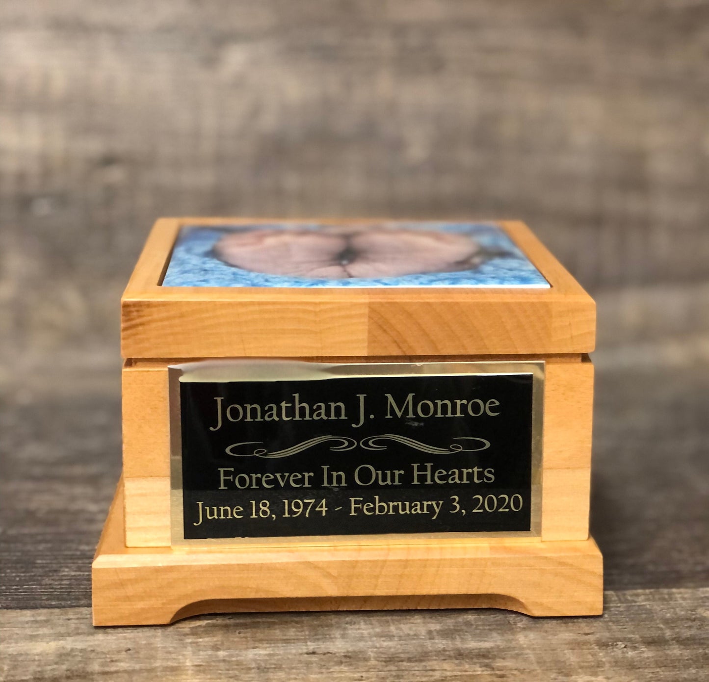 Baby Urn For Ashes Infant Child Urn Baby Cremation Memorial Human Tile Photo & Personalized Engraved Tag Memorial Keepsake Red Alder 25 lbs