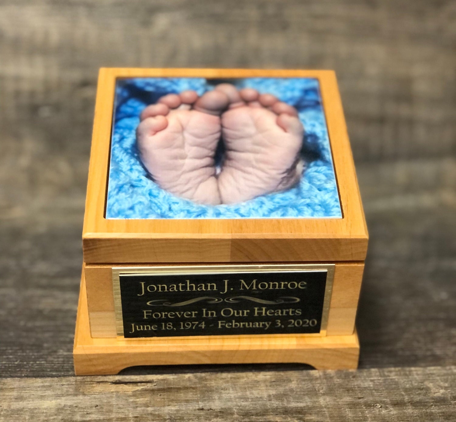 Baby Urn For Ashes Infant Child Urn Baby Cremation Memorial Human Tile Photo & Personalized Engraved Tag Memorial Keepsake Red Alder 25 lbs