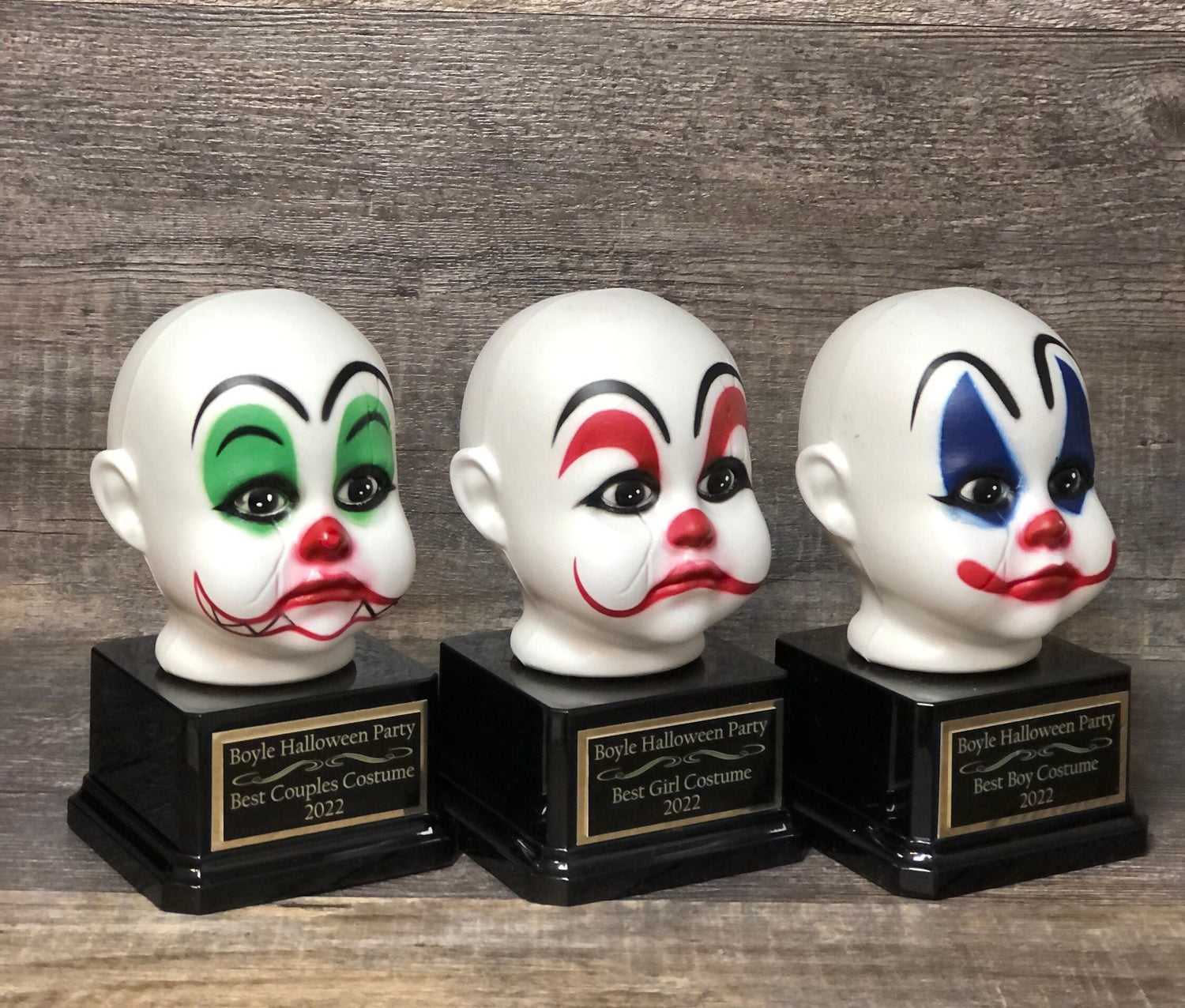 Halloween Trophy Trophies Set of Three Creepy Clown Head Trophies Costume Contest Winner Pumpkin Carving Contest Halloween Trunk or Treat