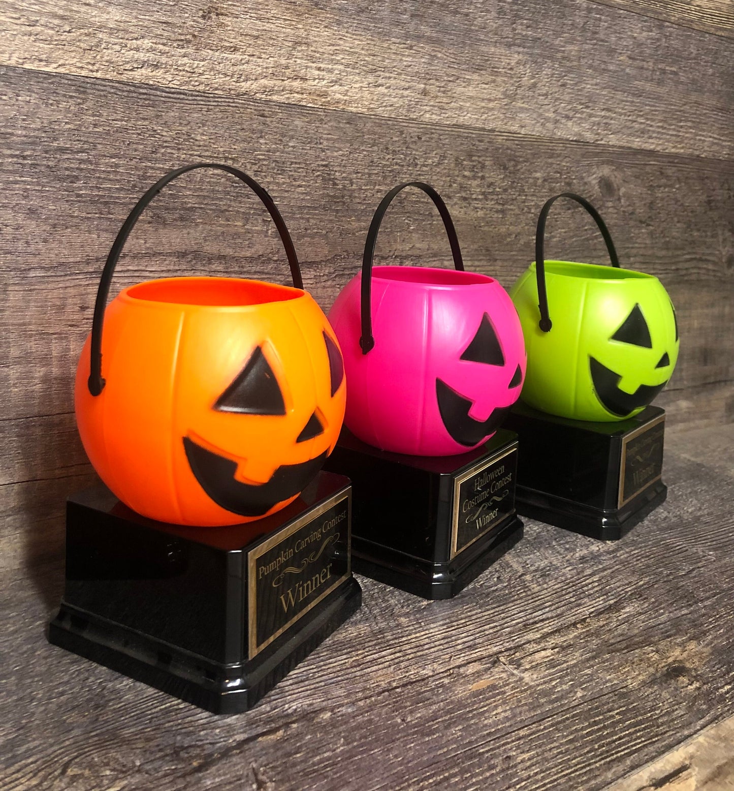 Halloween Trophy Trophies THREE Cute Florescent Pumpkin Carving Contest Trophy Best Costume Jack O Lantern Treat Pails Halloween Pumpkin