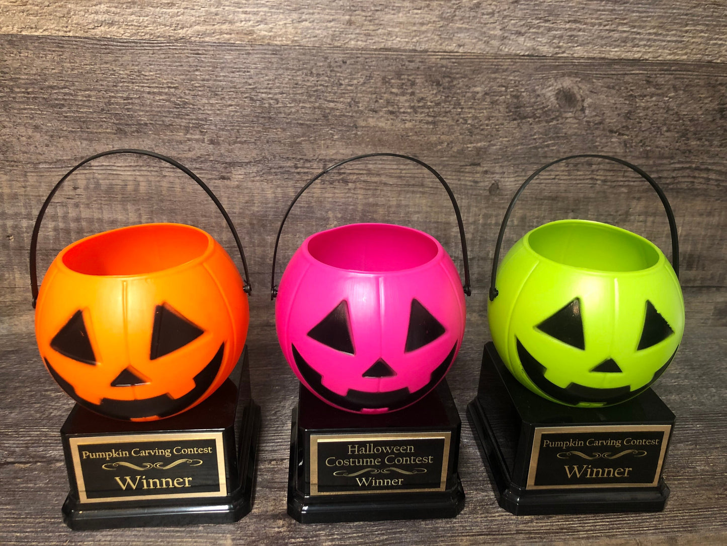 Halloween Trophy Trophies THREE Cute Florescent Pumpkin Carving Contest Trophy Best Costume Jack O Lantern Treat Pails Halloween Pumpkin