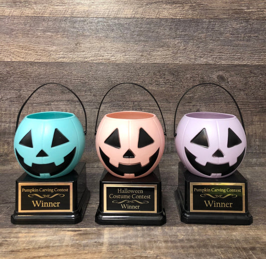 Halloween Trophy Trophies THREE Cute Pastel Pumpkin Carving Contest Trophy Best Costume Jack O Lantern Treat Pails Halloween Pumpkin