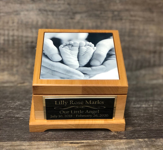 Baby Urn For Ashes Infant Child Loss Urn Baby Cremation Memorial Human Tile Photo & Personalized Engraved Tag Memorial Keepsake Red Alder