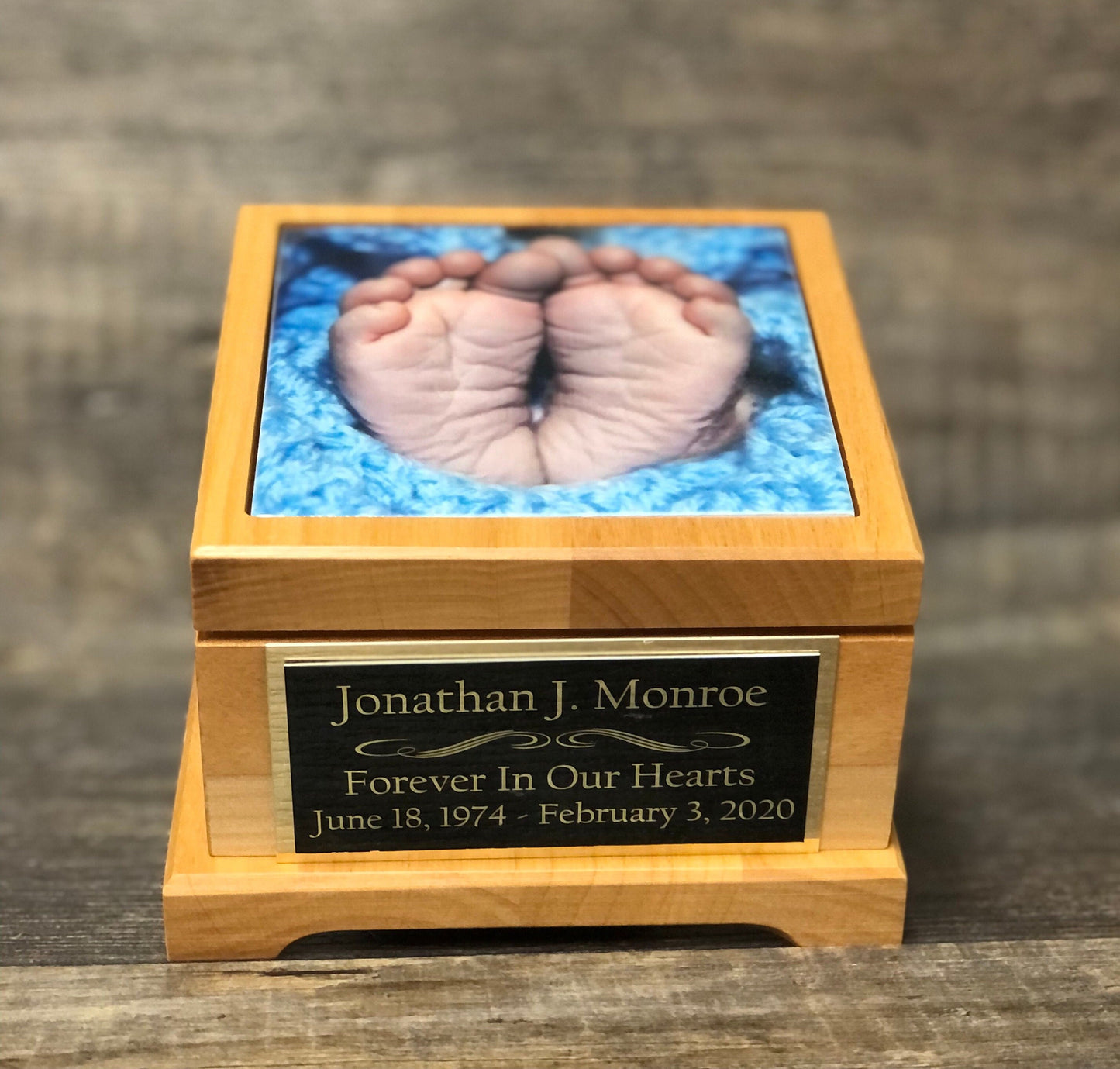 Baby Urn For Ashes Infant Child Urn Baby Cremation Memorial Human Tile Photo & Personalized Engraved Tag Memorial Keepsake Red Alder 25 lbs