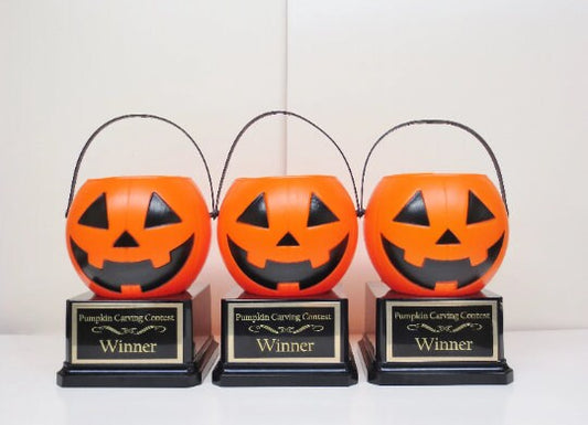 Halloween Trophy Trophies THREE Cute Pastel Pumpkin Carving Contest Trophy Best Costume Jack O Lantern Treat Pails Halloween Pumpkin