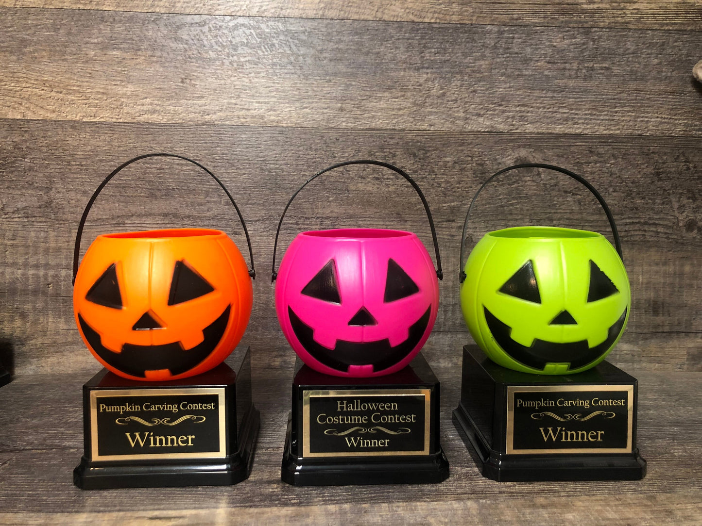 Halloween Trophy Trophies THREE Cute Florescent Pumpkin Carving Contest Trophy Best Costume Jack O Lantern Treat Pails Halloween Pumpkin