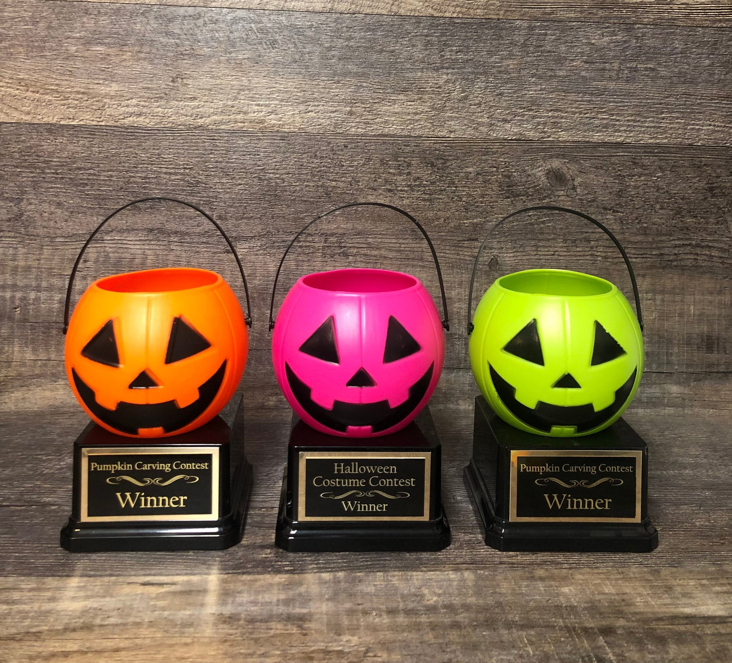 Halloween Trophy Trophies THREE Cute Florescent Pumpkin Carving Contest Trophy Best Costume Jack O Lantern Treat Pails Halloween Pumpkin