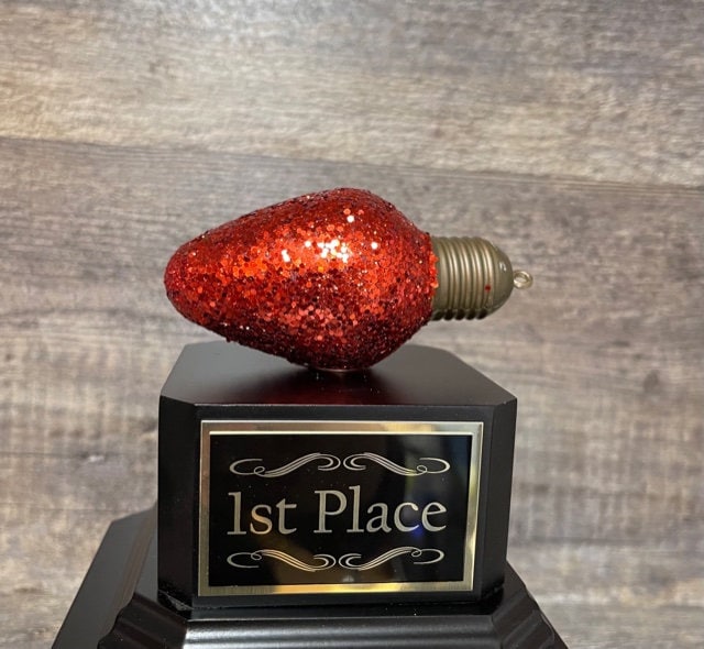 Christmas Trophy Best Decorated Office Christmas Lights Trophy Neighborhood Christmas Glitter Light Bulb Ornament Perpetual Ugly Sweater