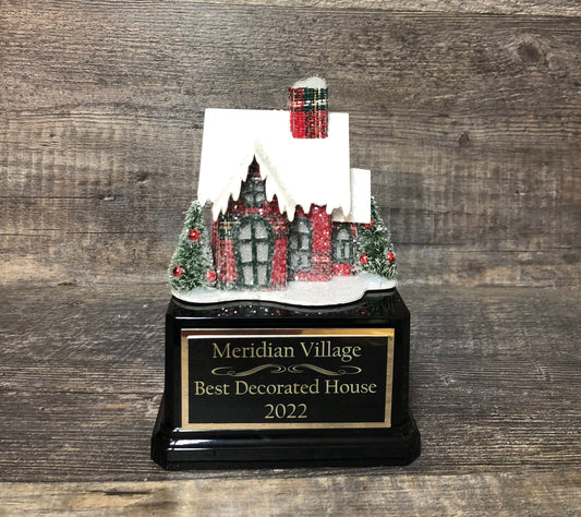 Best Decorated House Trophy Holiday Lights Bottle Brush Trees Neighborhood Christmas Trophy Gingerbread House Cookie Decorating Ugly Sweater