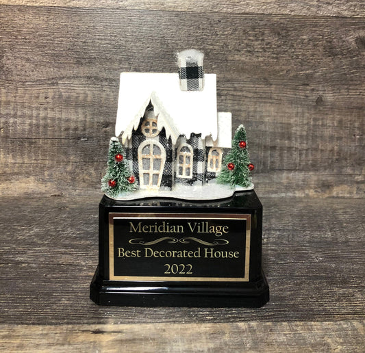 Best Decorated House Trophy Holiday Lights Bottle Brush Trees Neighborhood Christmas Trophy Gingerbread House Cookie Decorating Ugly Sweater