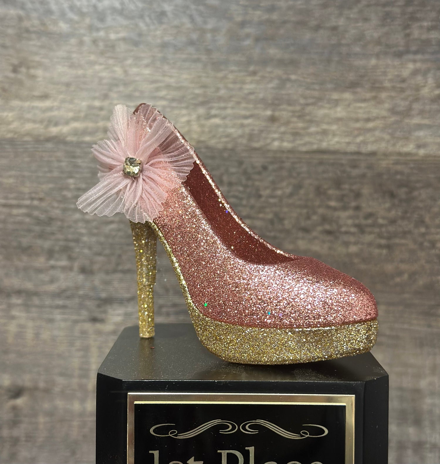 Girls Fantasy Football Perpetual Trophy w/ Pink & Gold Glittered High Heel FFL Award Funny Trophy Award Perpetual Trophy
