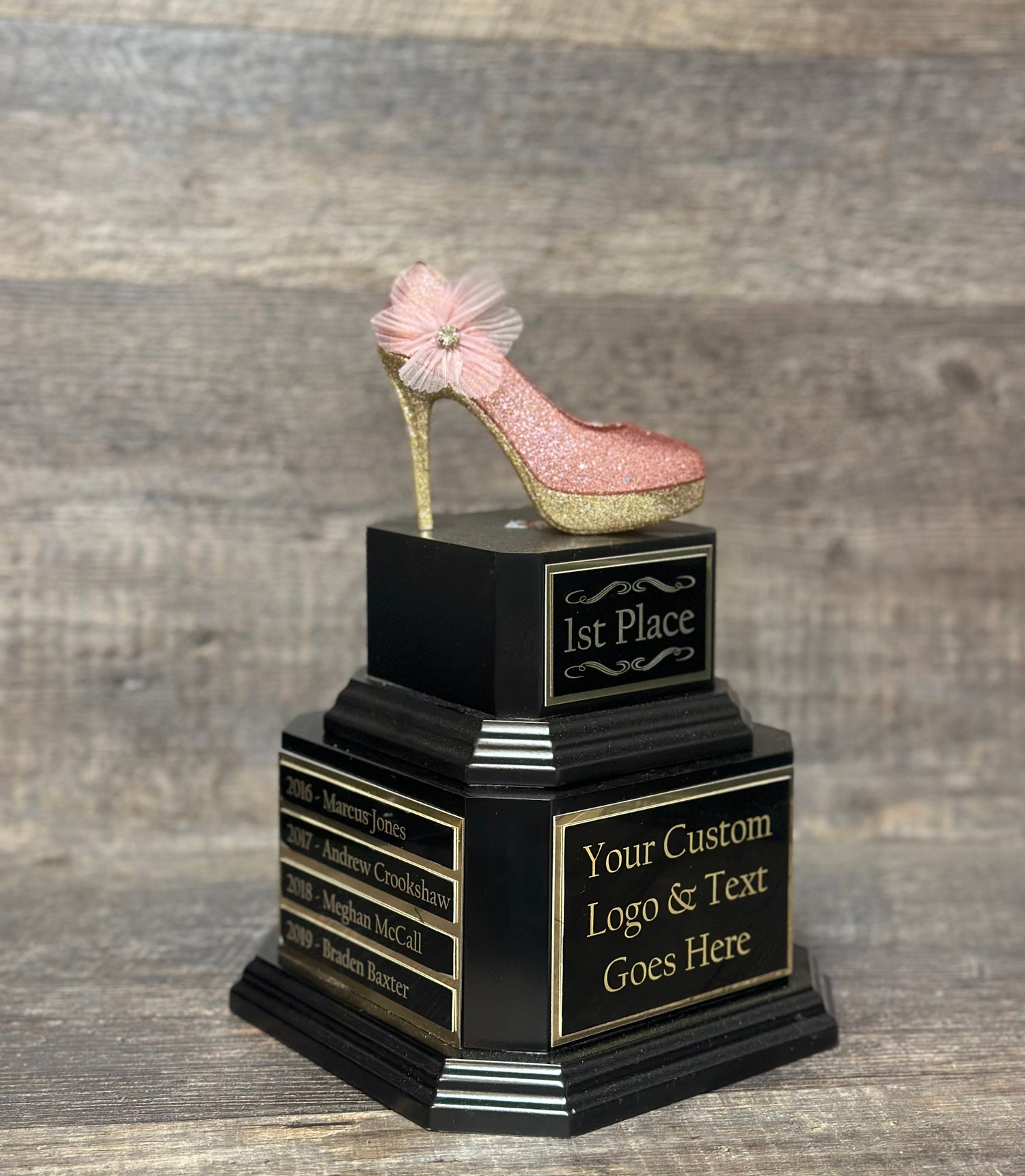 Girls Fantasy Football Perpetual Trophy w/ Pink & Gold Glittered High Heel FFL Award Funny Trophy Award Perpetual Trophy