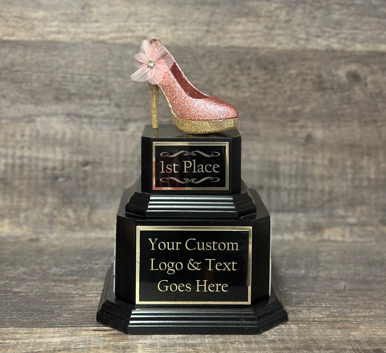 Girls Fantasy Football Perpetual Trophy w/ Pink & Gold Glittered High Heel FFL Award Funny Trophy Award Perpetual Trophy