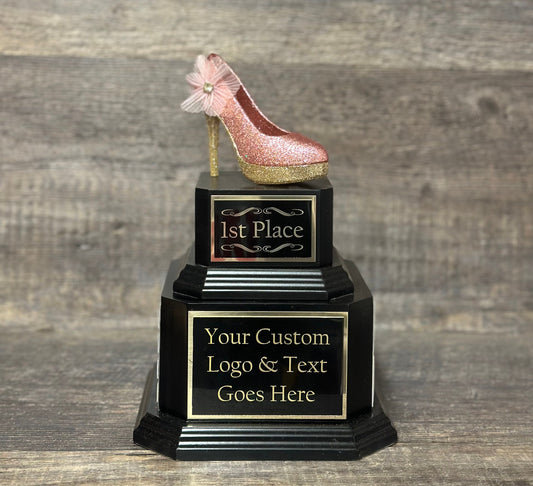 Girls Fantasy Football Perpetual Trophy w/ Pink & Gold Glittered High Heel FFL Award Funny Trophy Award Perpetual Trophy