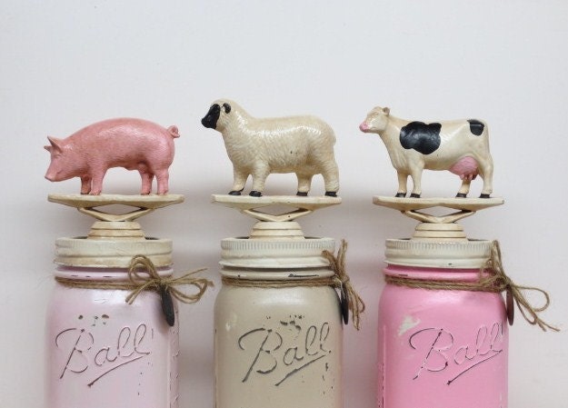 Mason Jars Baby Shower Baby Sprinkle Rustic Centerpiece Home Decor Farm Barnyard Animals Cow Pig Sheep Pink Tan Kitchen Decor Baby Nursery