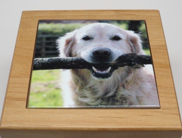 Pet Photo Urn Dog Urn Pet Memorial Keepsake Cremation Urn Custom Photo Tile & Personalized Brass Tag Red Alder Medium Dog Urn UpTo 60lb