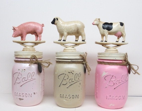 Mason Jars Baby Shower Baby Sprinkle Rustic Centerpiece Home Decor Farm Barnyard Animals Cow Pig Sheep Pink Tan Kitchen Decor Baby Nursery