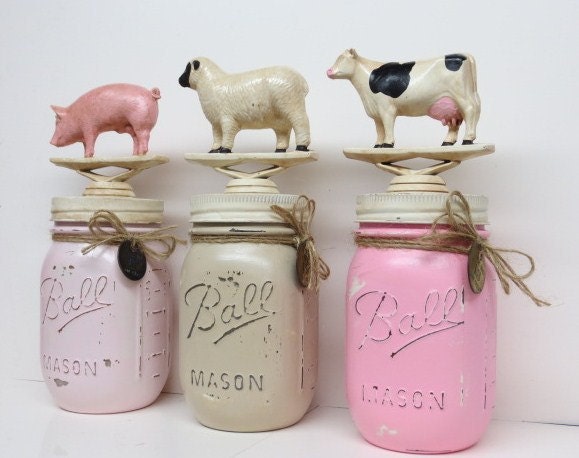 Mason Jars Baby Shower Baby Sprinkle Rustic Centerpiece Home Decor Farm Barnyard Animals Cow Pig Sheep Pink Tan Kitchen Decor Baby Nursery