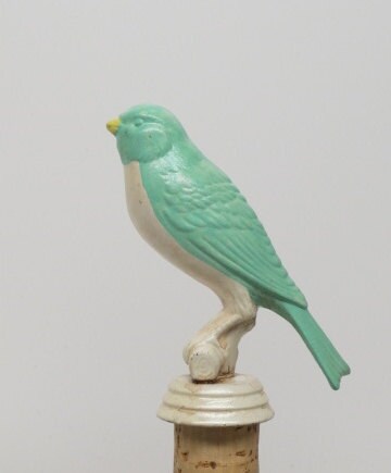 Bird Wine Stopper Novelty Wine Gift Birthday Gag Gift Teal / White Canary Bird Hand Painted Upcycled Repurposed Trophy Top